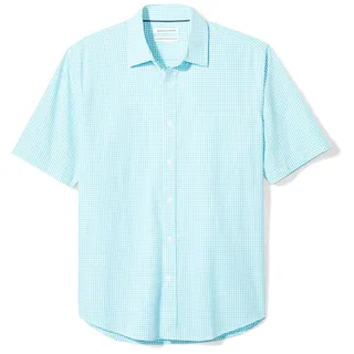 Amazon Essentials Herren Kurzärmeliges Hemd aus Popeline, Normale Passform, Aquablau Vichy-Muster, S