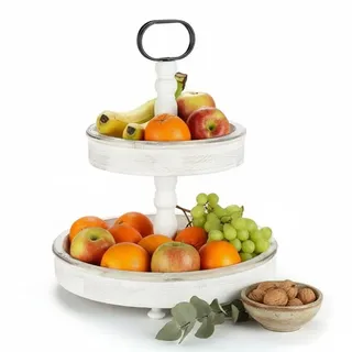 Melko Etagere Obstschale 2-stöckig 37x45 cm Servierständer Vintage Weiß | für Kuchen, Gebäck, Obst und Fingerfood, schnell aufgebaut und platzsparend zerlegbar, für Brunch, Kaffeetafel und Feste