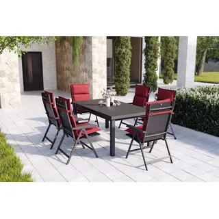 KETTLER Garten-Essgruppe, anthrazit/bordeaux, Alu/Polyester, 180/240 x 100 cm, ausziehbar, 6 Klappstühlen inkl. Auflagen