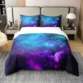 Galaxy 100% Baumwolle Bettbezug Teal Blau Lila Sternenhimmel Bettwäsche Set 155x220 Universum Outer Space Tröster Bezug für Jungen Mädchen Jugend,Kosmische Sterne Bett-Sets mit 1 Kissenbezug