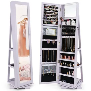 COSTWAY Schmuckschrank, Spiegelschrank mit Ganzkörperspiegel und eingebauter Make-up-Spiegel, um 360° drehbar, abschließbar, stehend, Schmuckaufbewahrung, Schmuck-Organizer mit Schlüsseln (Lila)