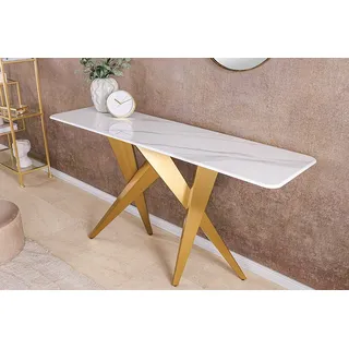 riess-ambiente Konsolentisch ART LIVING 140cm weiß Keramik – champagner gold brushed Metall-Gestell (Einzelartikel, 1-St), Marmor-Optik, für Flur & Wohnbereich geeignet, modernes Design weiß