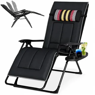 KaO0YaN Sonnenliege Klappbar bis 220kg, Verstellbarer Liegestuhl mit Nackenkissen & Getränkehalter, Ergonomische Gartenliege, Wetterfeste Relaxliege für Garten, Balkon & Strand (Schwarz 1)