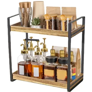 HEYHIPPO Flaschenregal Lagerregal Gewürzregal Kosmetikregal Doppelschichtiges Holztablett, küchenregal stehend für arbeitsplatte kaffeeregal gewürzregal holz, Metallrahmen, Organizer für die Arbeitsplatte, L35 x H35 x B17 cm gelb