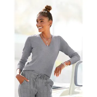 V-Ausschnitt-Pullover VIVANCE Gr. 32/34, grau (grau, meliert) Damen Pullover Feinstrickpullover in taillierter Form, weicher Strickpullover, Basic, klassisch