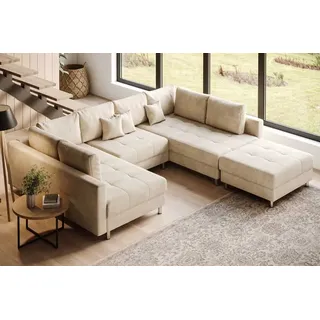 riess-ambiente Wohnlandschaft KENT 305cm champagner beige - Samt, U-Form, Hocker, Familiengröße, Set 1 Teile, XXL Sofa mit Federkern & FSC-Zertifikat - ideal für große Wohnzimmer beige