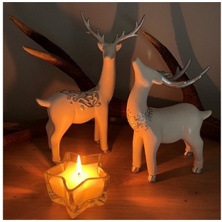 Online-Fuchs Dekofigur 2er Set edle Hirsche aus Keramik Rentiere Herbst- Weihnachtsdeko 180 (mit Ornamenten in Silber-Farbton), Maße (HxBxT) 27,5/21,5x19/15,5x8,5/6 cm silberfarben|weiß