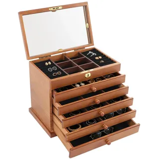 RainWeel Schmuckkasten aus Holz Groß Schmuckkästchen mit 6 Ebenen Vintage Schmuckschatulle mit Spiegel und Schloss in Braun