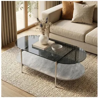 Jiexi Couchtisch Couchtisch oval Glas Grauglas Wohnzimmertisch 2 Ebenen Silber grau