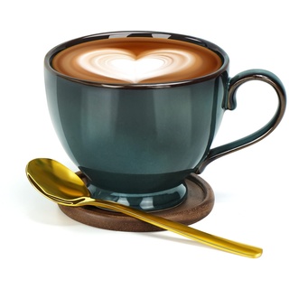 Cappuccino Tassen Groß, Kaffeetasse Groß 500ml Groß Keramik Kaffeetassen Becher, Dickwandige Kaffeetassen mit Untertasse und Löffel, Vintage Cafe Tasse,Große Espressotassen Teetassen (Blau)