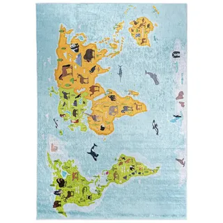 mazovia Kinderzimmerteppich Antirutsch - Waschbar bis 30 Grad - Spielteppich Weltkarte - Kurzflor Kinderteppich Teppich für Kinderzimmer - ÖKO-TEX - Teppiche Junge Mädchen Blau 80 x 150 cm
