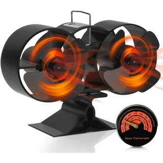 Herrselsam Kaminventilator 2 Motoren Ofenventilator ohne Strom Wärmebetriebener Kaminlüfter Leiser Ofen Ventilator Stromloser Hitzebetrieben Kamin Ventilator mit magnetischem Thermometer