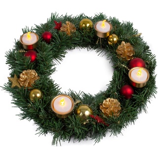 ARTECSIS Adventskranz - künstlicher Dekokranz mit Weihnachtsdekoration und 4 Kerzenhaltern / Weihnachtskranz 35 cm dekoriert / künstlicher Tannenkranz inkl. 4 LED-Teelichtern