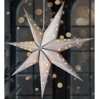 BRUBAKER LED Stern Weihnachtsstern zum Aufhängen - 60 cm Papierstern mit 7 Spitzen, Batteriebetrieben, Hängend und Beleuchtet, LED fest integriert, Warmweiß, 3D Adventsstern - Fenster Deko Leuchtstern silberfarben