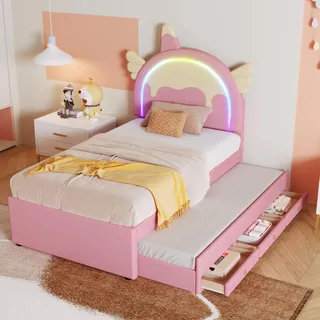 Merax Kinderbett 90x200cm mit LED-Licht, Schlafsofa Tagesbett mit Ausziehbett und Schubladen, Einzelbett mit Lattenrost und Rückenlehne, Kopfteil in Einhornform, PU, Jugendbett, Ohne Matratze, Rosa