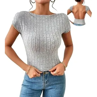 Haibang Damen Rückenfreies Oberteil y2k Slim Fit T-Shirt Kurzarm Backless Top Sexy Crop Tank Top Summer Cute Top Casual Aesthetic Outfits Party Top Streetwear Shirt Teenager Mädchen - L