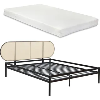 [en.casa] En.Casa, Bett, Metallbett Linköping mit ovalem Kopfteil und Matratze 160x200 cm Schwarz/Rattanoptik (160 x 200 cm)