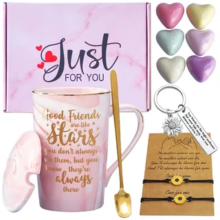 Freundschaft Geschenkset für Beste Freundin BBF Freundinnen Frauen Mädchen Geburtstagsgeschenke, Kaffeetasse mit Deckel Löffel, Badebomben 6er, Armbänder, Sonnenblume Schlüsselanhänger, Geschenk-Box