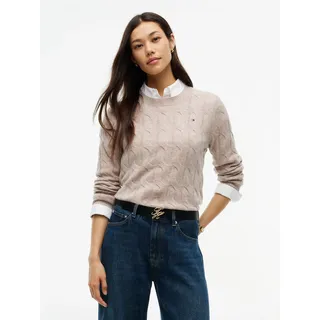 Strickpullover TOMMY HILFIGER "SOFT WOOL CABLE C-NK", Damen, Gr. XL (46), light camel heather, Strick, Obermaterial: 100% Wolle, meliert, normal, Rundhals, Bündchen, Pullover Strickpullover, mit Zopfmuster, aus reiner Wolle