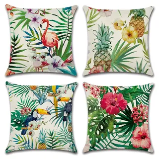 OCEUMACO Leinen Kissenbezug 50x50 Dschungel Muster Kissenhülle 4er Set Quadratisch Dekokissen Sofakissen Bezug für Couch Natur Vogel Kissen Kissenbezüge Deko Zierkissen Couchkissen Outdoor