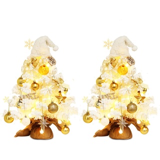 Mini Weihnachtsbaum Künstlich, 50 cm Künstlicher Weihnachtsbaum mit Beleuchtung, LED Tisch-Weihnachtsbaum Klein mit Schneeflocke und Weihnachtskugel für Weihnachtsdeko, Tischdeko (2 Stück)