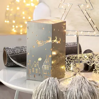 LED Kerzenhalter Windlicht Metall Würfel Kerze Licht Deko Weihnachten Schlitten