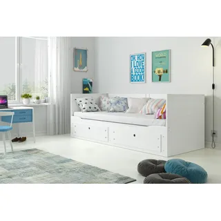 Interbeds Hermes Ausziehbares Bett Kojenbett 80x200 auf 160x200 cm Tagesbett Doppelbett Funktion Schlafsofa mit 2 Schubladen, MDF & Holz, Gästebett Kinder Jugend Erwachsene (weiß)