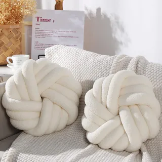 Marsui 2 Stück 14 Zoll Runde Zierkissen Sherpa Knoten Ball Kissen Handgemachte Dekokissen Weiche Knotenkissen Plüsch Dekorative Sofakissen für Sofa Bett Wohnzimmer Schlafzimmer (Schwarz) (Beige)