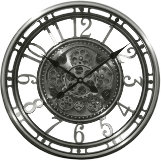 LW Collection Wanduhr Maria Silber 54cm mit rotierenden Zahnrädern - Radar Wanduhr - Wanduhr mit beweglichen Wandrädern - Uhr mit drehenden Zahnrädern - Stille Uhr