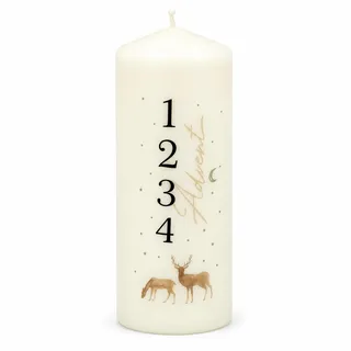 Adventskerze mit winterlichen Motiv Stumpenkerze Spruch Advent mit 1-4 Zahlenmotiv Weihnachtsdeko (Hirsche)