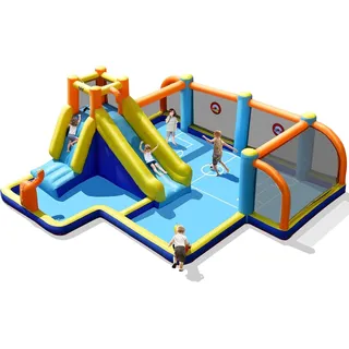 FANTASK Hüpfburg mit Gebläse, aufblasbare Wasserrutsche mit Planschbecken, Fußballbereich, Kletterwand, 2 Wasserkanonen & Zielspiel, Spielpool für Kinder, 500 x 465 x 200 cm
