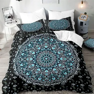 Surwin Bettwäsche-Sets 3 Teilig, Microfaser Bettwäsche Set Einzelbett Doppelbett 3D Mandala Drucken Bettbezug mit Reißverschluss und 2 Kissenbezüge (A,135x200cm)