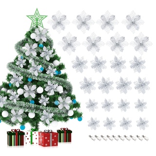 Homewit Christbaumschmuck Glitzer Weihnachtsblumen Kunstblume mit Clips Weihnachtsbaum Deko (24-tlg), Weihnachtsschmuck Weihnachtsdeko Ornamente für Kränze und Girlande silberfarben in 3 Größen