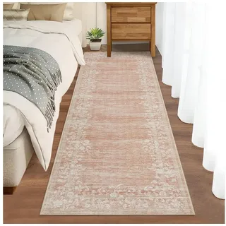 GarveeMore Veloursteppich Waschbarer Vintage Teppich Designteppich Läufer mit floraler Bordüre, Moderner Kurzflor, rutschfest, pflegeleicht & schmutzabweisend rosa 120 cm x 170 cm