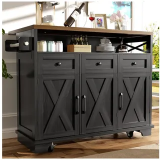 STILVORA Küchenwagen mit rollen und arbeitsplatte,Küchenschrank freistehend mit Stauraum, (Moderne Kücheninsel mit Holzmaserung- Küchenschrank, Esswagen auf Rollen, multifunktionaler Stauraum, herausnehmbare Trennwände, Handtuchhalter., Gesamtabmessungen:118 x 43-80 x 98 cm (L x B x H) schwarz