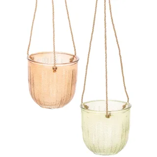 Hängetopf Glas Deko Glastopf Retro Grün Braun 14,5cm 2St Blumenampel Juteseil