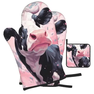 Ofenhandschuhe, Topflappen-Set, 3 Stück, lustige Kuh-Tiermalerei, hitzegesteppte Ofenhandschuhe, 2 Stück, 1 Kochunterlage zum Kochen, Grillen, Halloween-Dekoration, Geschenk