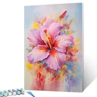 Tucocoo Malen nach Zahlen, Hibiskusblumen, 40 x 50 cm, Leinwand, DIY, digitales Ölgemälde für Erwachsene, mit Pinseln und Acrylpigmenten, Aquarellblüte, Blumenbild für Heimdekoration (ohne Rahmen)