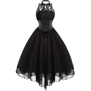 TRIGLICOLEUM Abendkleid Damen Gothic Partykleid mit Korsett Spitze Spleißen Ballkleid Elegant Einfarbig Neckholder Tunikakleid Chiffon Kleider Halloween Kostüm Vintage Steampunk Swing Cocktailkleid