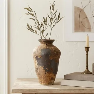 Kleine Steinvase für rustikale Heimdekoration, Bauernhaus, antike Keramikvase, Möbel und Tischblumen, dekorativ, runde Terrakotta-Vasen für Wohnzimmer-Dekor, moderne rustikale Beton-Ton-Kunstvasen