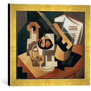 Gerahmtes Bild von Juan Gris J.Gris, Gitarre und Obstschale, Kunstdruck im hochwertigen handgefertigten Bilder-Rahmen, 40x30 cm, Gold Raya