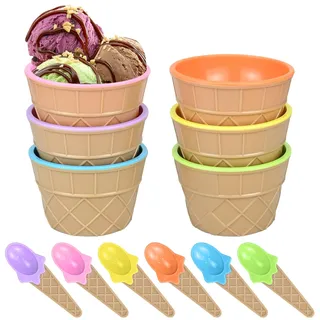Set mit 6 Eisschalen und passenden Löffeln, Niedlich Bunte Eis-Schalen Eisbecher mit Löffeln Praktische Eisbecher Dish Cup für EIS, Essen, Obst, Familie, Camping, Halloween Party, Weihnachten Party