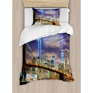 ABAKUHAUS New York Bettbezugs Set für Einzelbetten, Manhattan Skyline USA, Milbensicher Allergiker geeignet mit Kissenbezug, 130 x 200 cm, Grün Lila