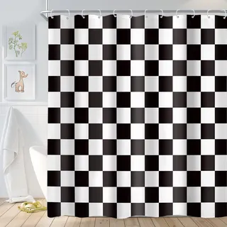 Newsely Karierter Duschvorhang, 183 x 190 cm, schwarz-weiß, Duschvorhänge für Badezimmer, niedliches Retro-Schachbrett-Duschvorhang, Vintage, ästhetisches Badezimmer-Set, modernes wasserdichtes