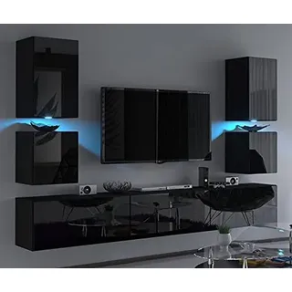 Furnitech Wohnwand Wohnzimmer | Moderner TV Schrank mit LED RGB - 16 Farben | Hängend Wohnwand Groß | Wohnzimmer Schrankwand mit Regalen und TV Schrank (C75-HG-B1 1A Schwarz)