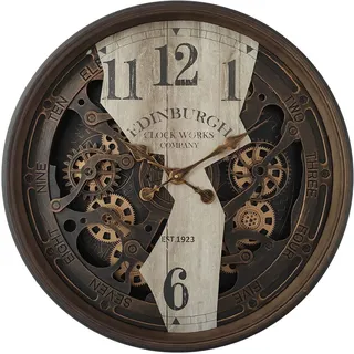 Wanduhr Wanddeko Vintage Uhr Wohnzimmerwand Glasplatte Uhr Zahnräder Zahlen, Motiv, Kunststoff Glas, 3x AA Batterie, DxT 76x1 cm