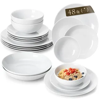 MALACASA Geschirrset 12 Personen, Amelia 48-tlg Modernes Porzellan Geschirr Set, Tafelservice mit je 12 Speiseteller, Dessertteller, Suppenteller und Müslischalen, Teller Set 12 Personen Modern - Weiß