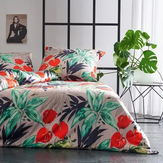 Apelt Mako-Satin Bettwäsche Anabel grau 135x200 cm + 80x80 cm - grau;rot;grün