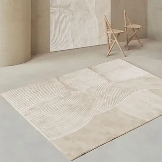 Rug-QJDDUP Kurzflor Teppich Quadratisch,Geometrisches Streifendesign, modernes Hafermilchweiß,Kurzflorteppich Esszimmer Wohnzimmer Schlafzimmer Kinderzimmer,beige,200 x 200 cm