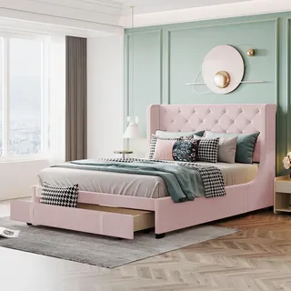 KUAKE Polsterbett 140 x 200 cm, Doppelbett mit Lattenrost, Rückenlehne und großen Schubladen, Erwachsenen- und Jugenddoppelbett in Pro-Leinen-Stoff, Matratze Nicht im Lieferumfang enthalten (Rosa)